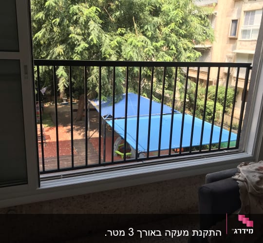 חלון עם מסגרת מתכת נוף חיצוני ועצים
